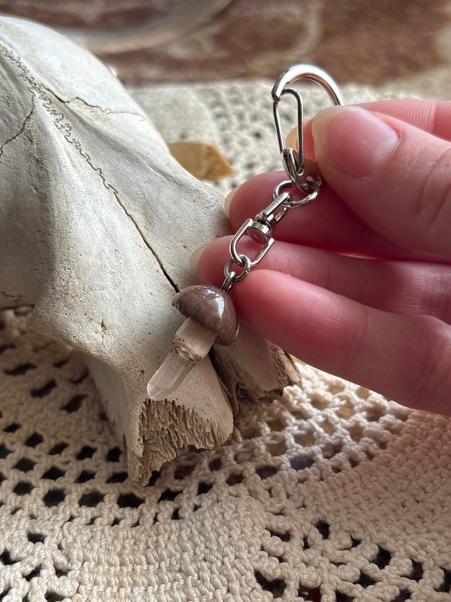 Mushroom + Quartz Keychain