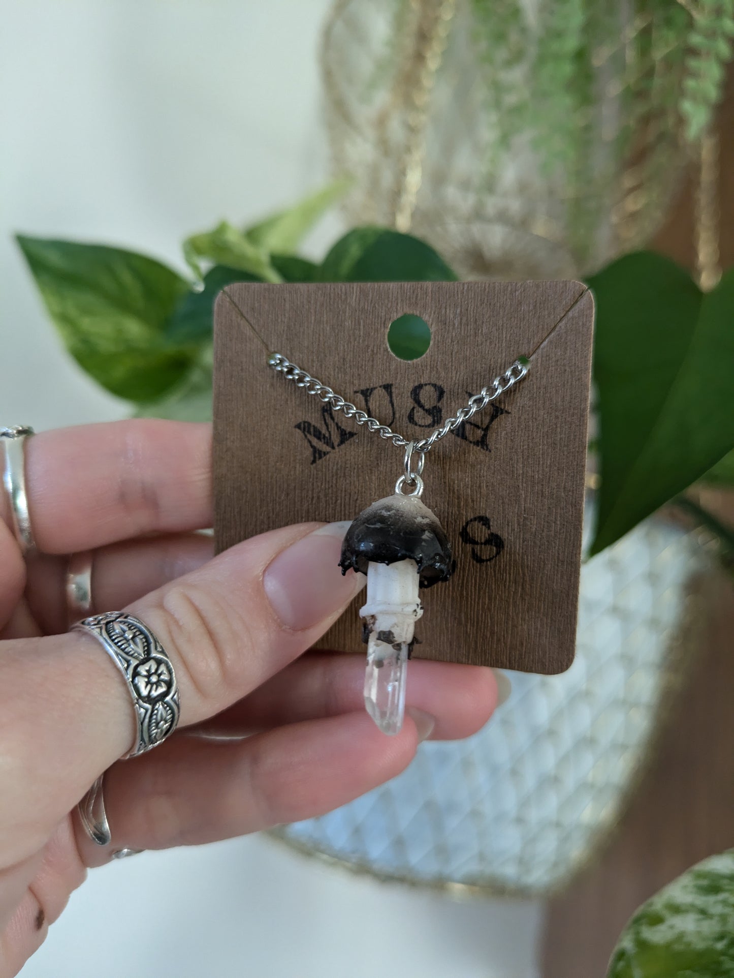 Shaggy Ink Cap Mushroom + Quartz Necklace