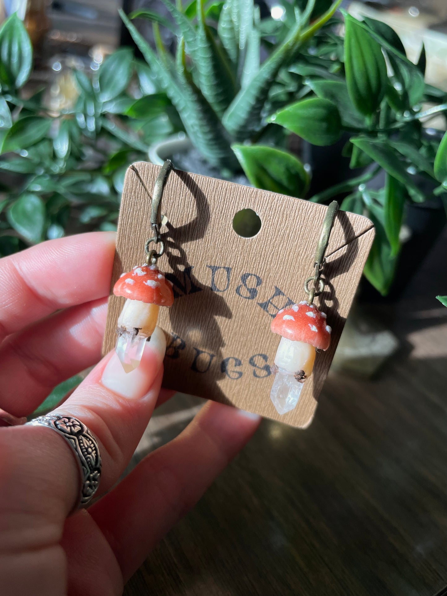 Fly Agaric Mushroom + Quartz Earrings