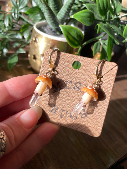 Fly Agaric Mushroom + Quartz Earrings