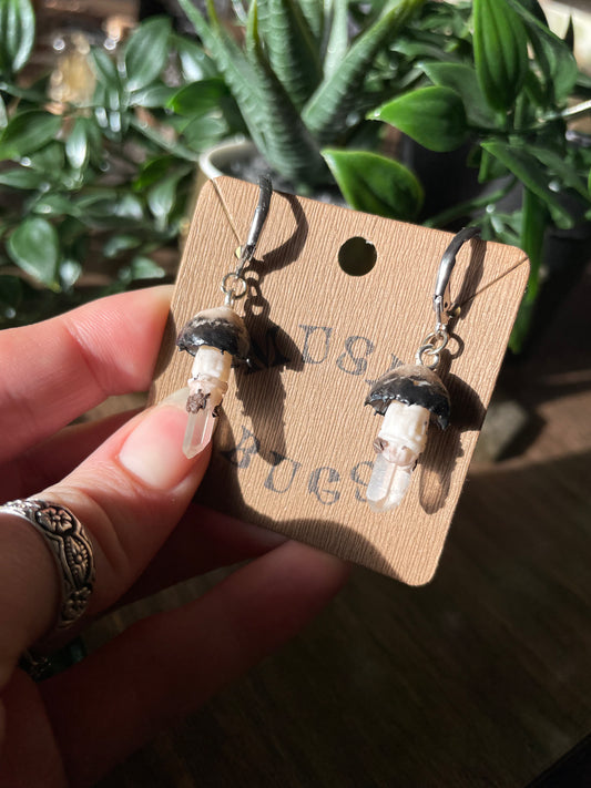 Inky Cap Mushroom + Quartz Earrings