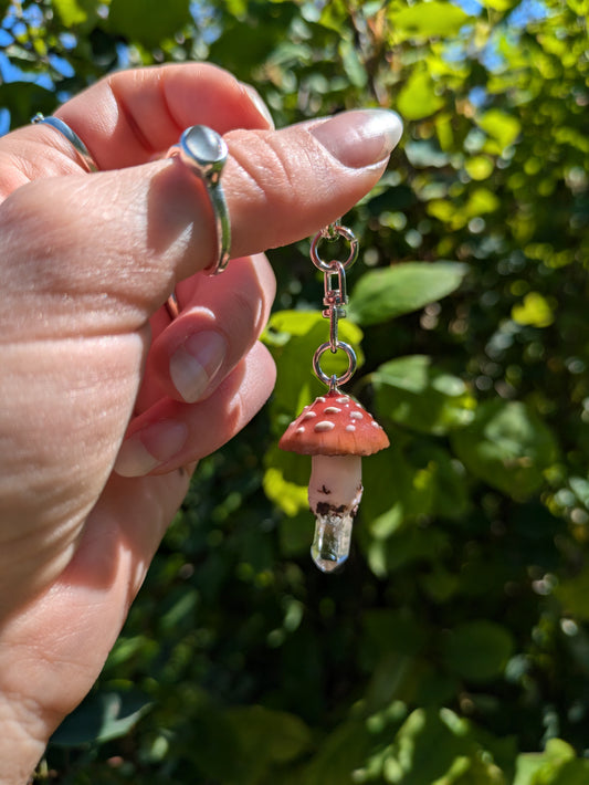 Fly Agaric Mushroom + Quartz Keychain