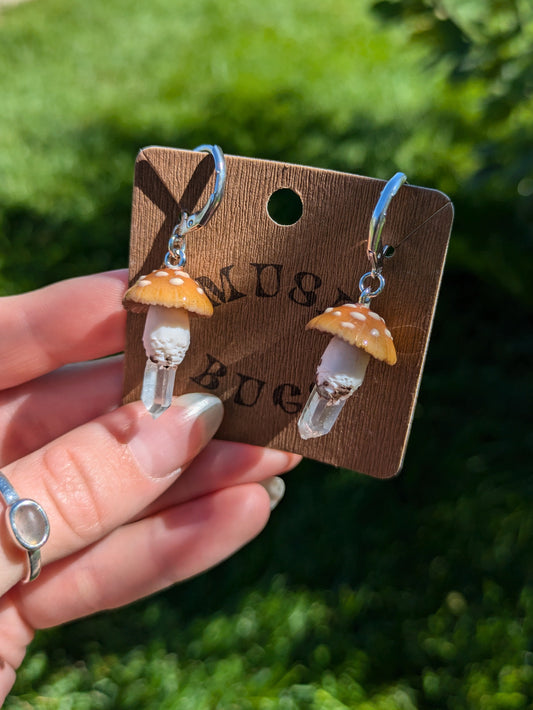 Fly Agaric Mushroom + Quartz Earrings