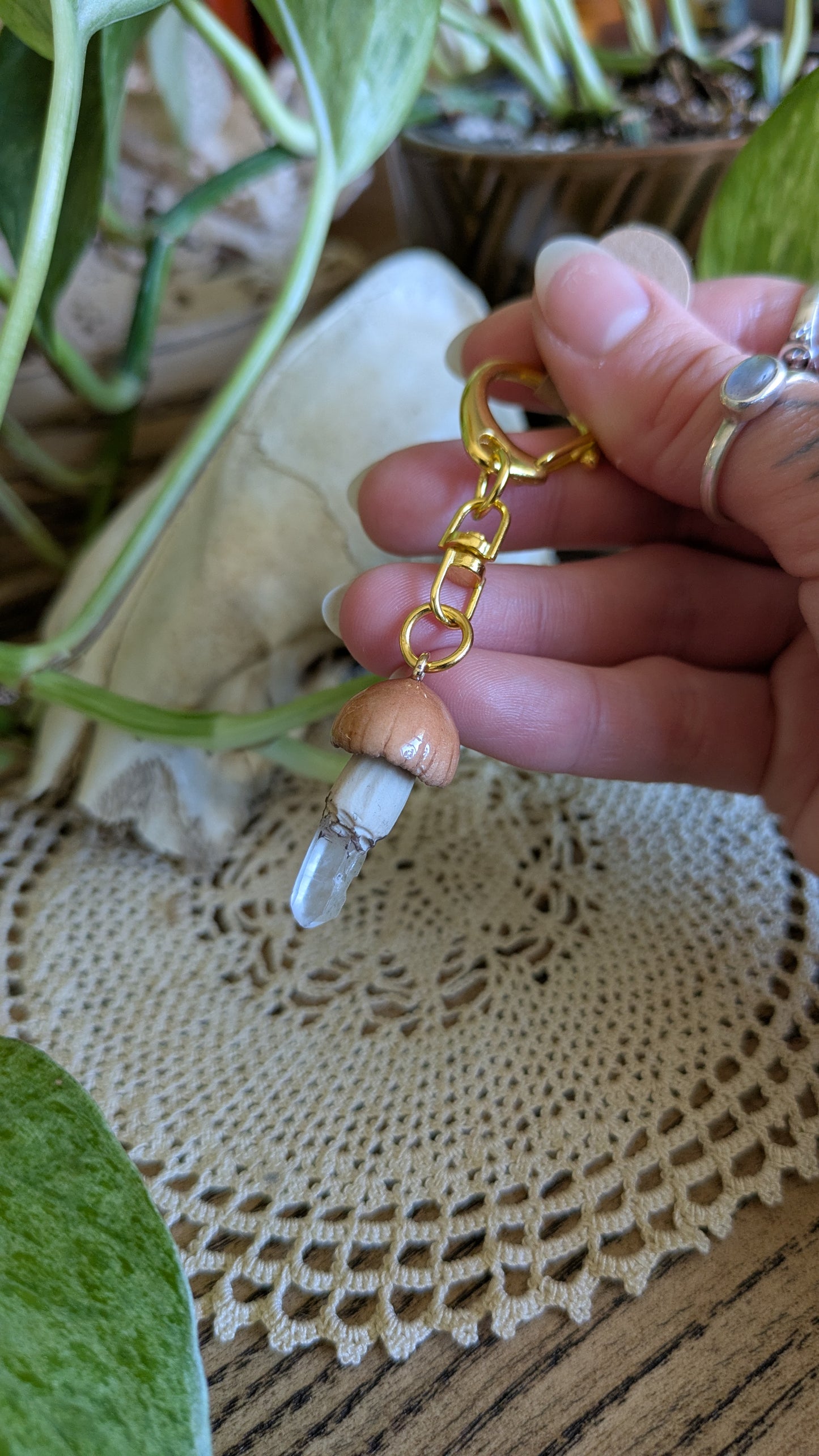 Mushroom + Quartz Keychain