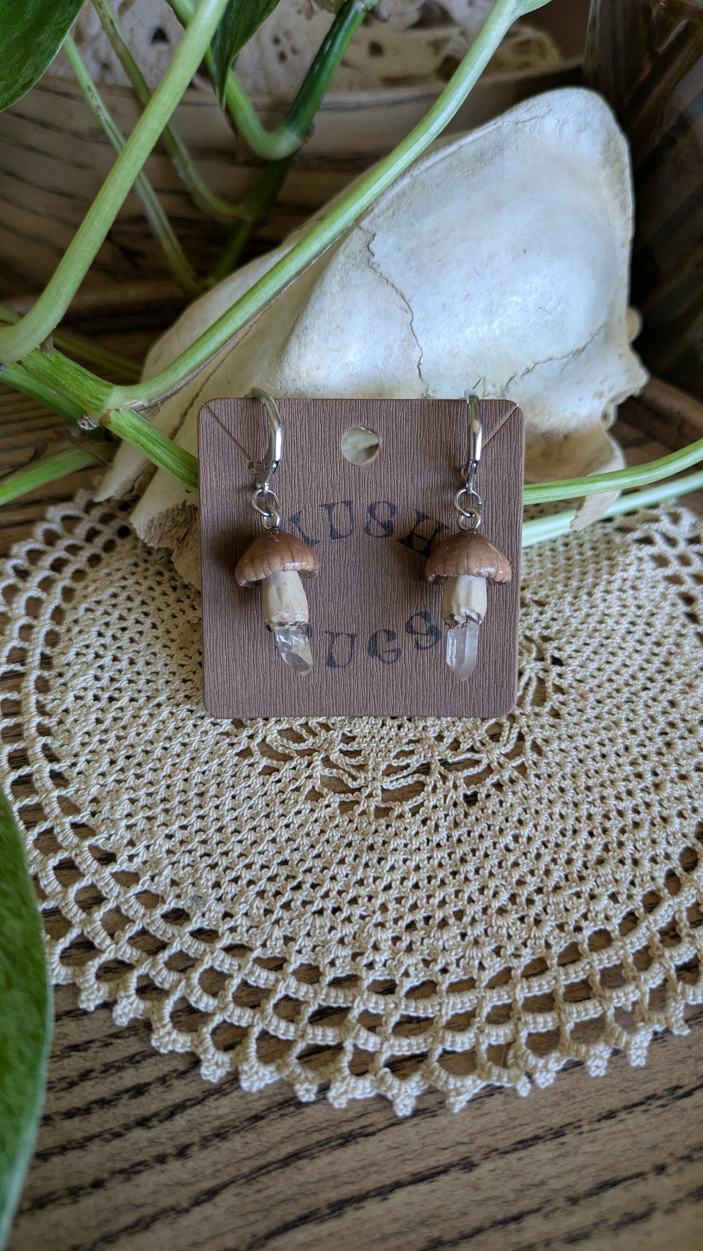 Mushroom + Quartz Earrings