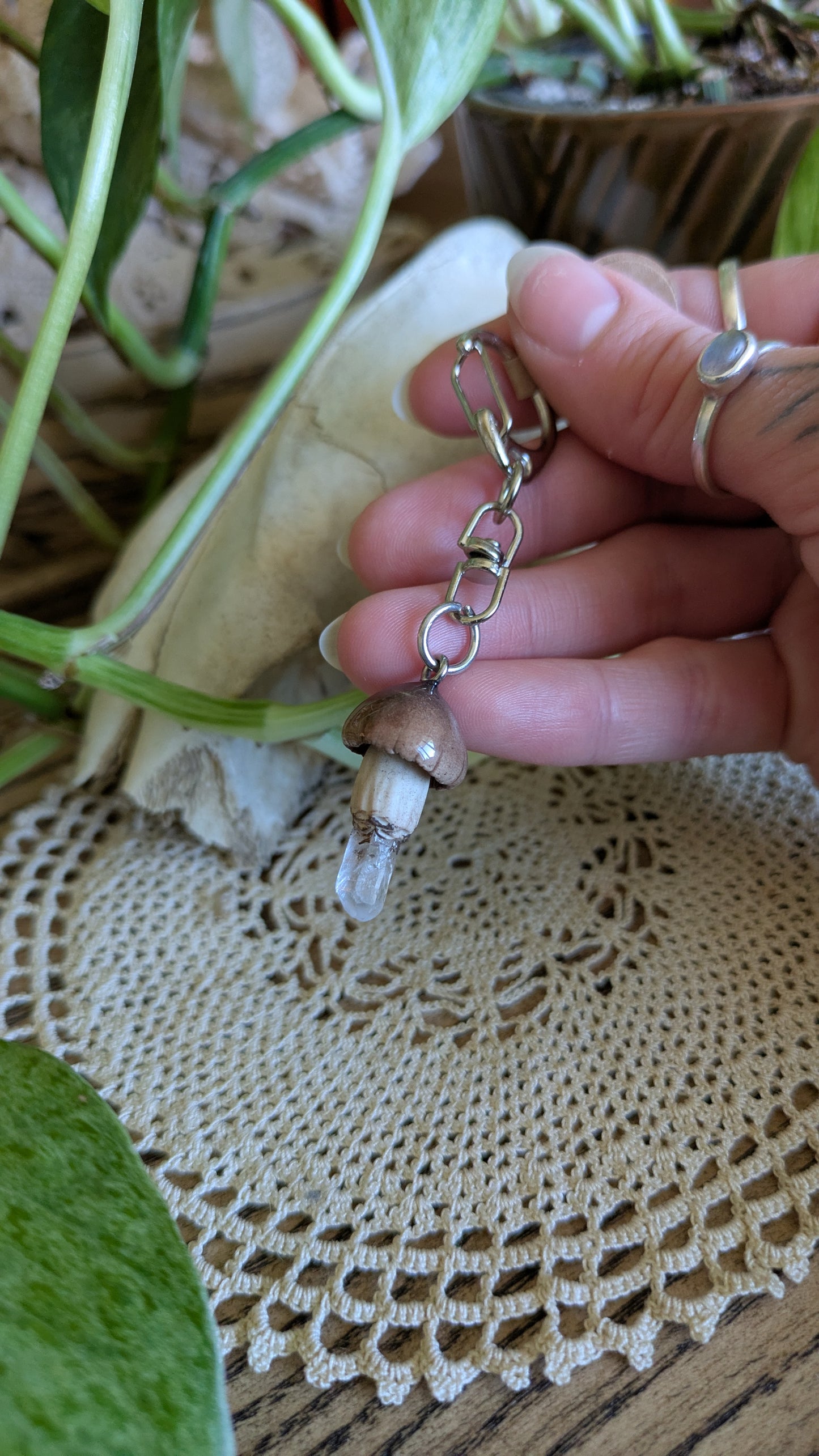 Mushroom + Quartz Keychain